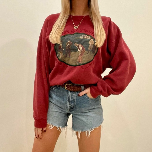 Vintage Field & Stream Tapestry Embroidered Golf Crewneck Sweatshirt in Maroon - Picture 1 of 5